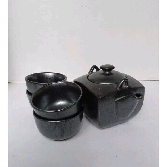 Matte Black Ceramic Tea Set 5pc Square Teapot and 4 Tea Cups Minimalist Modern gallery