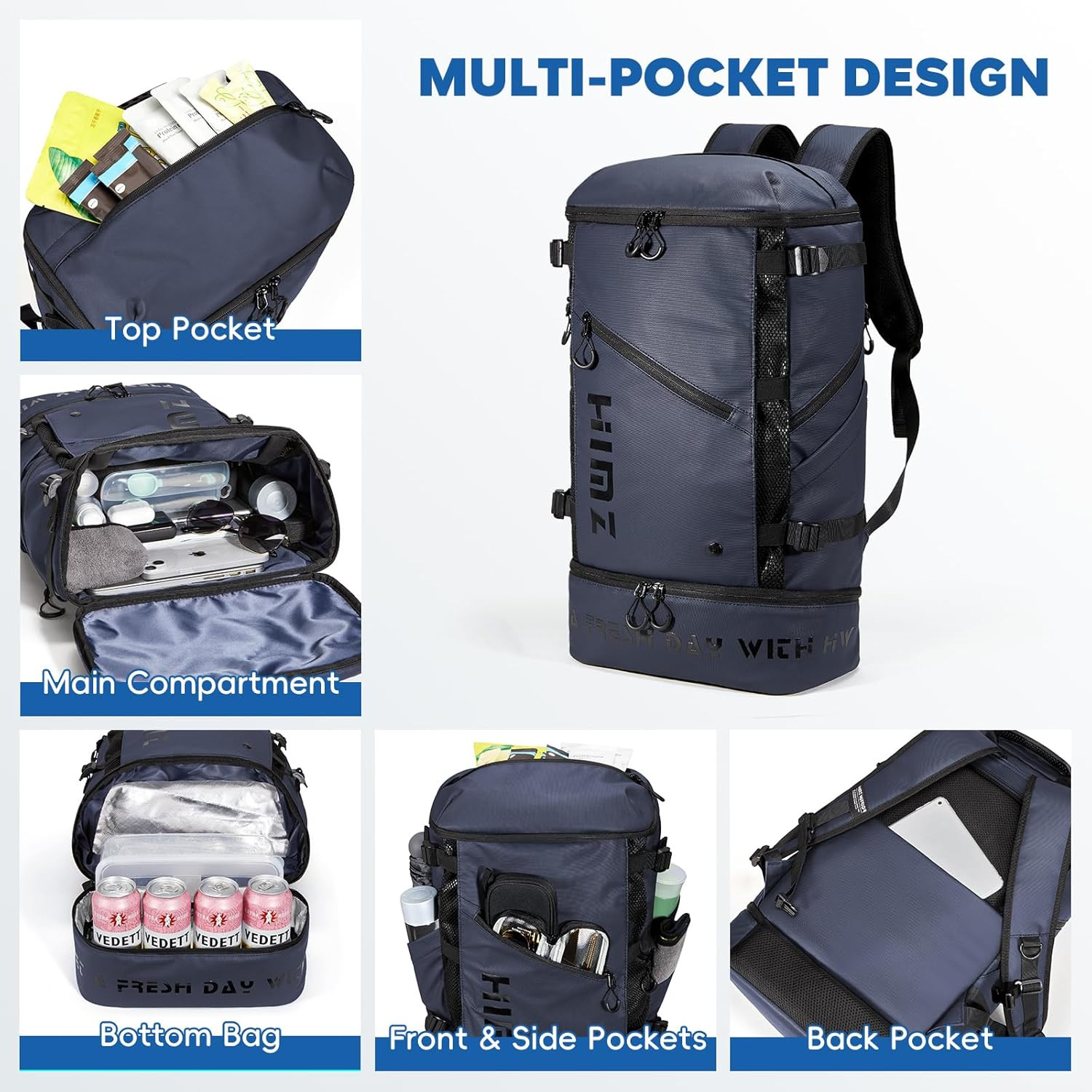 Waterproof Camping Backpack with Lunch Compartment, Mens Backpack Insulated for 5