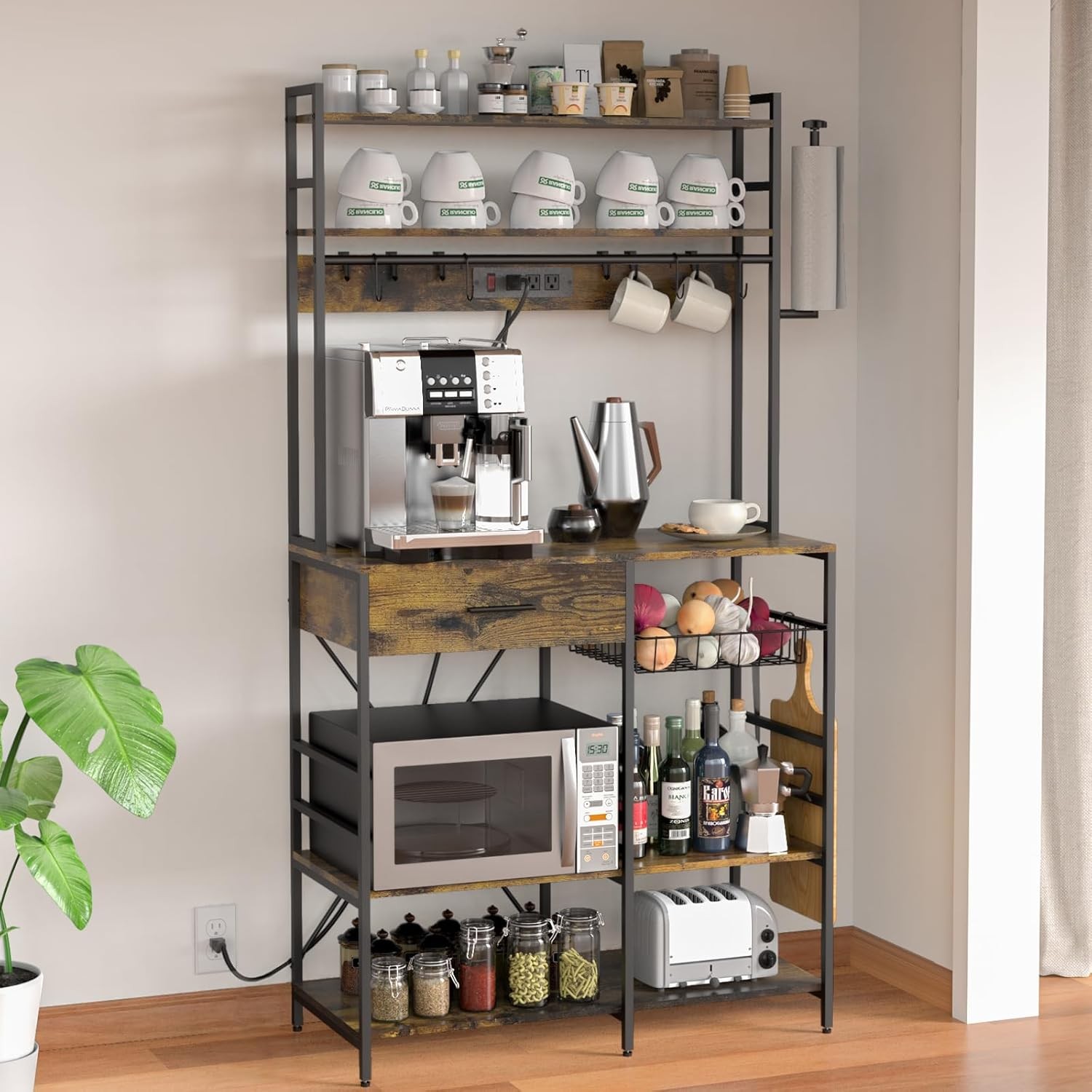 Kitchen Storage Shelf with Power Outlet, 6-Tier Adjustable with Drawer & Baskets gallery