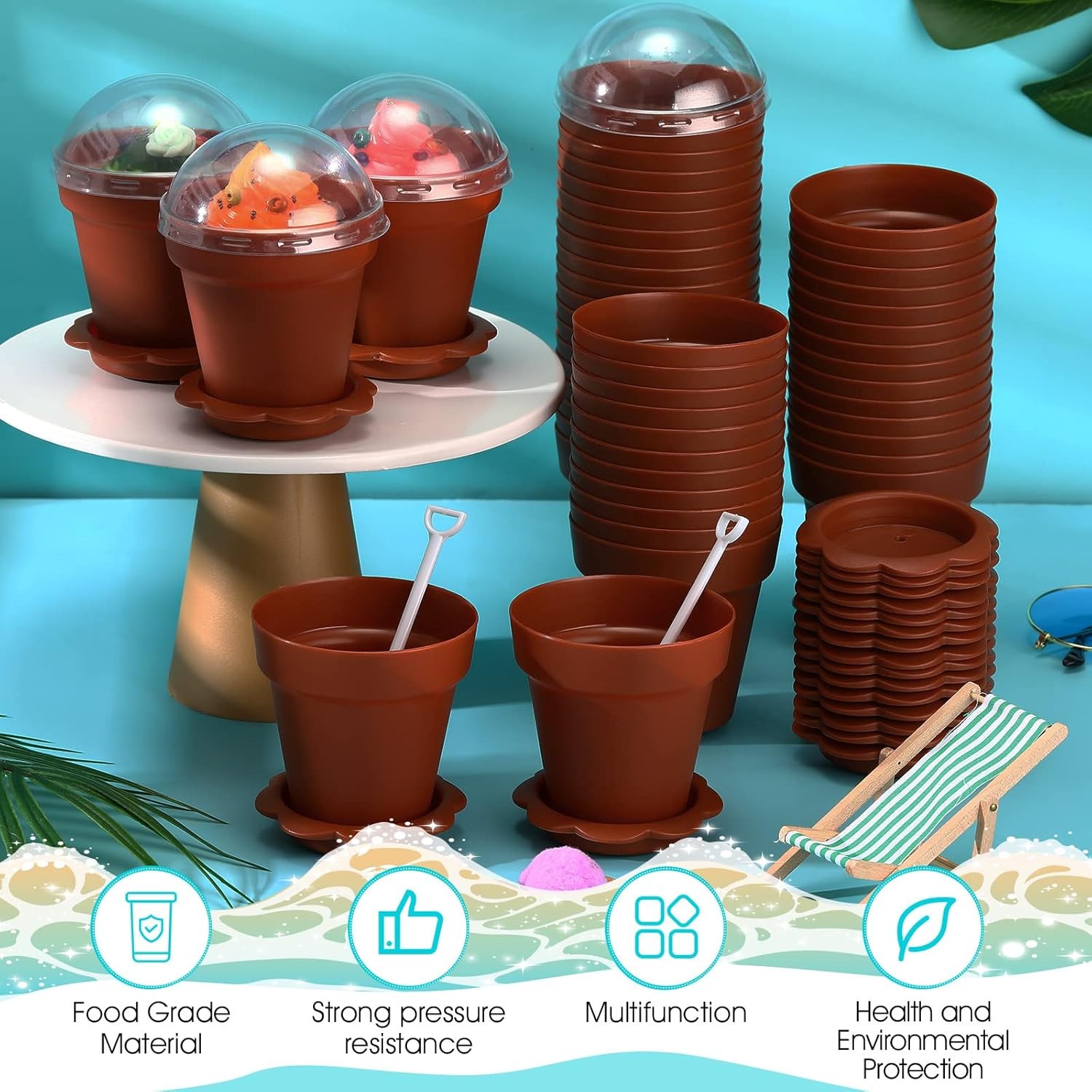 100 Pack Flowerpot Dessert Cup Plastic Cake Cups W/ Lid Shovel Spoon Bottom Tray gallery