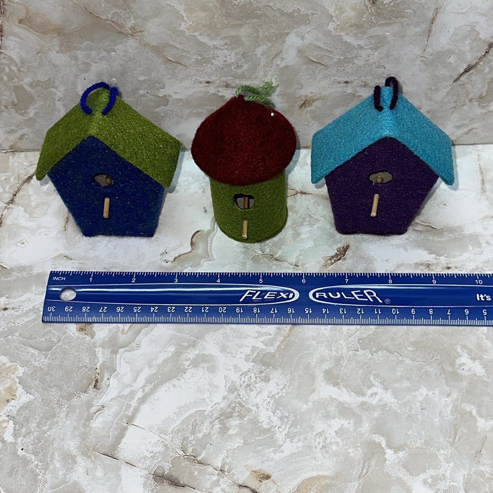 Set 3 Mini Bird House Colorful Whimsical Cottage Style Hanging Ornaments Felt gallery