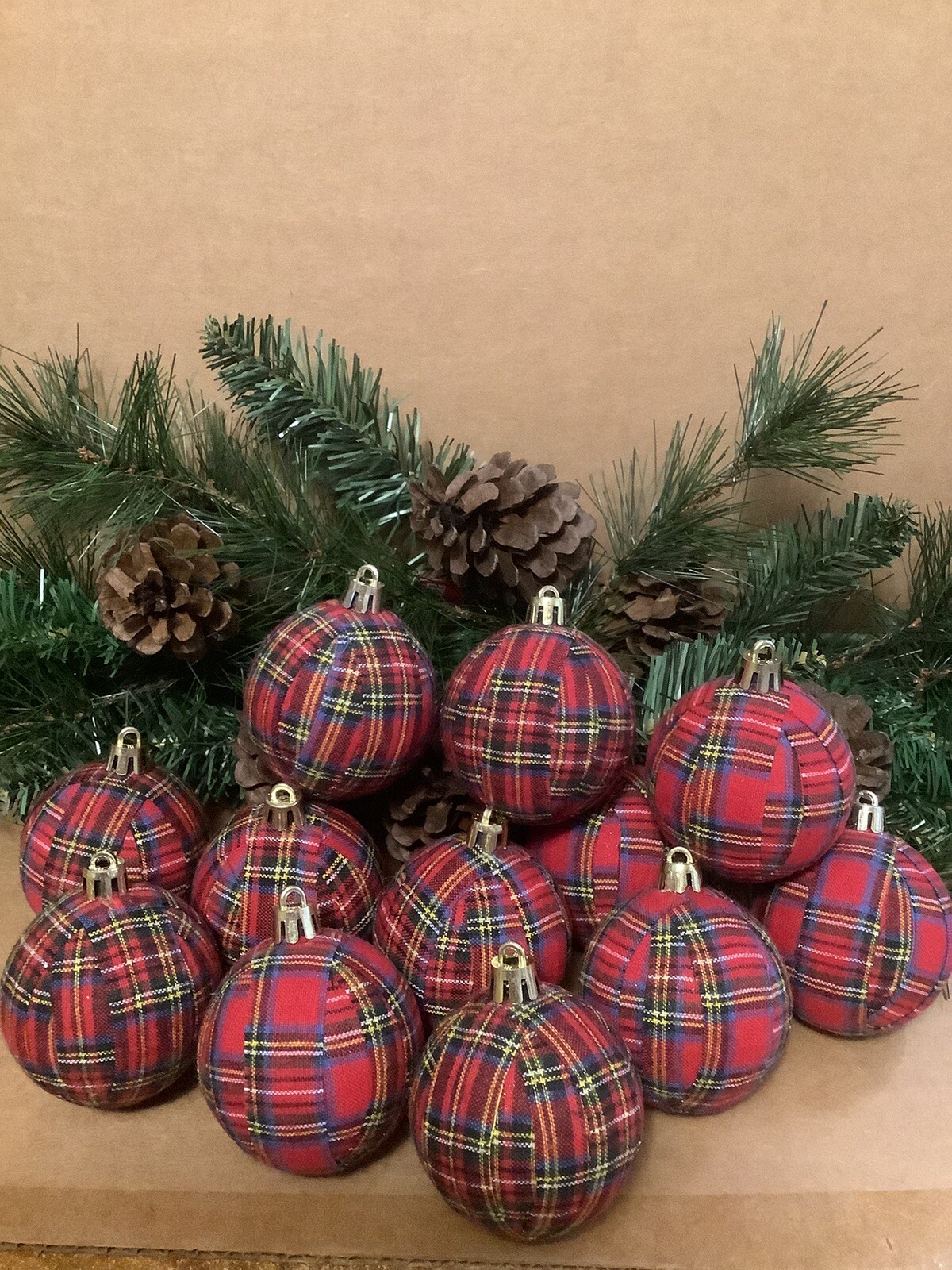 12 Red Tartan Plaid 2.5” Rustic Farmhouse Handmade Christmas Tree Ornaments, New gallery