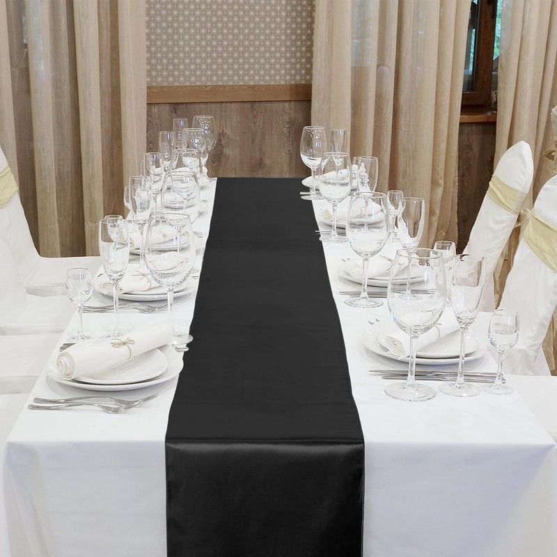4 Pack Satin Table Runner 12 x 108 Inch Black Smooth Fabric Party Decoration gallery