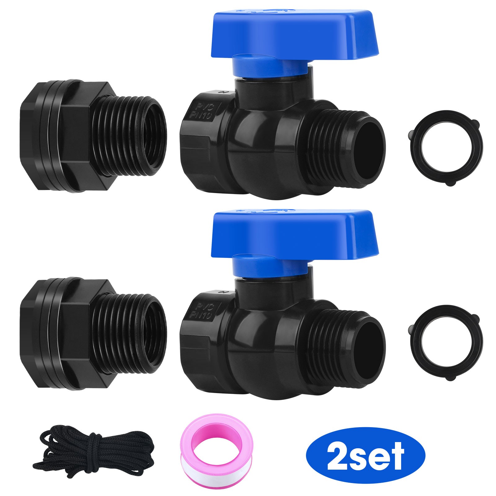 2Pcs Rain Barrel Spigot Kit 3/4 Inch GHT PVC Faucet Tank Bulkhead w/ Tow Rope US gallery