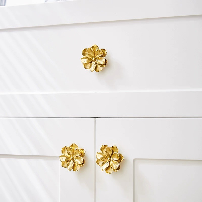 Camellia Flower Drawer Dresser Knobs Handle Gold Brass Cabinet Kitchen Pull Knob gallery