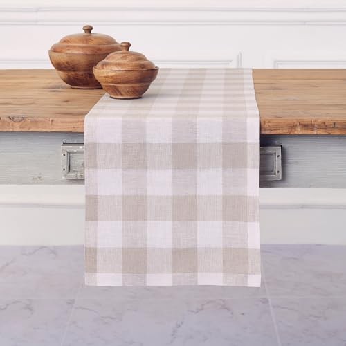 Linen Checkered Table Runner 48 Inches - 100% 14 x 48 Inch Natural & White