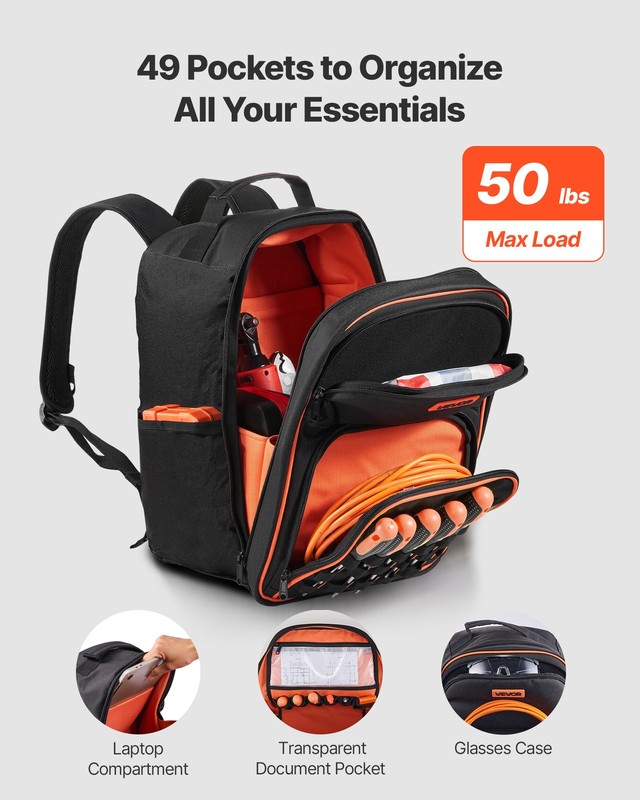 VEVOR Tool Backpack 49 Pockets Tear-resistant Jobsite Backpack for Electrician gallery