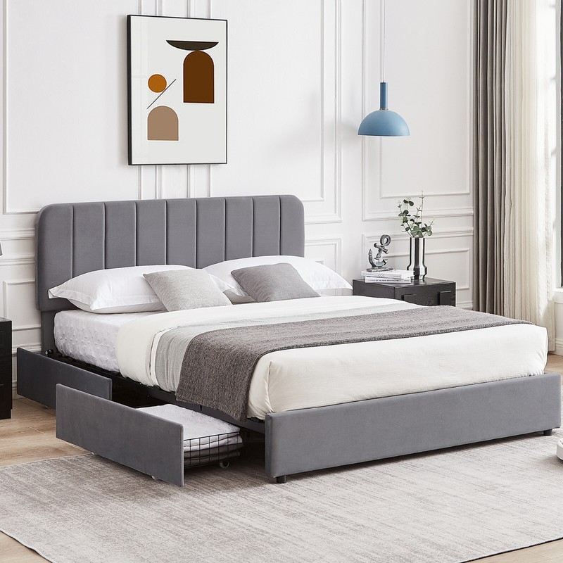 Full/Queen Upholstered Bed Frame w/ Headboard and 4 Storage Drawer Slats Support gallery