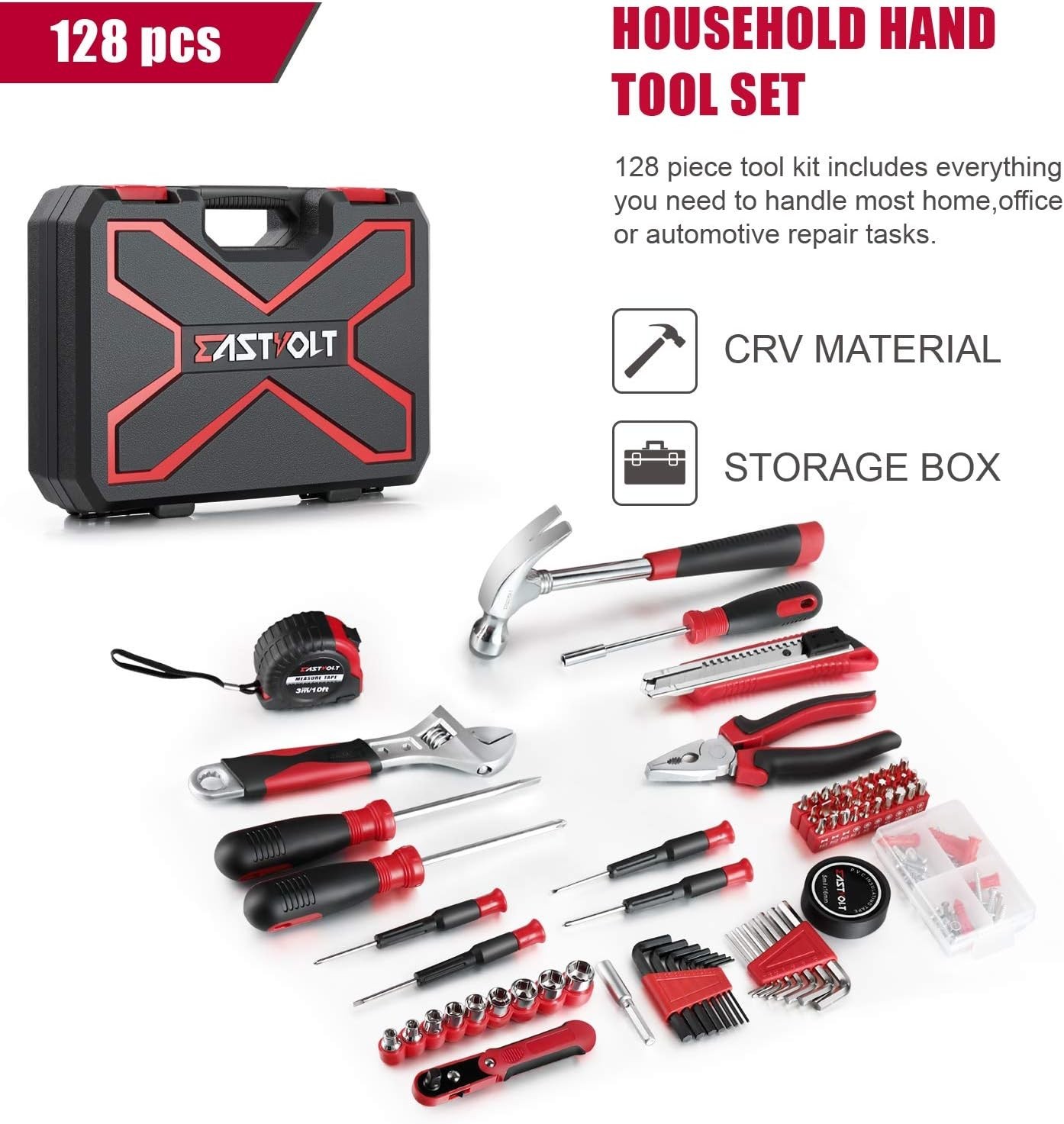 Eastvolt 128-Piece Home Repair Tool Set, EVHT12801, Black + Red (ASK01) gallery