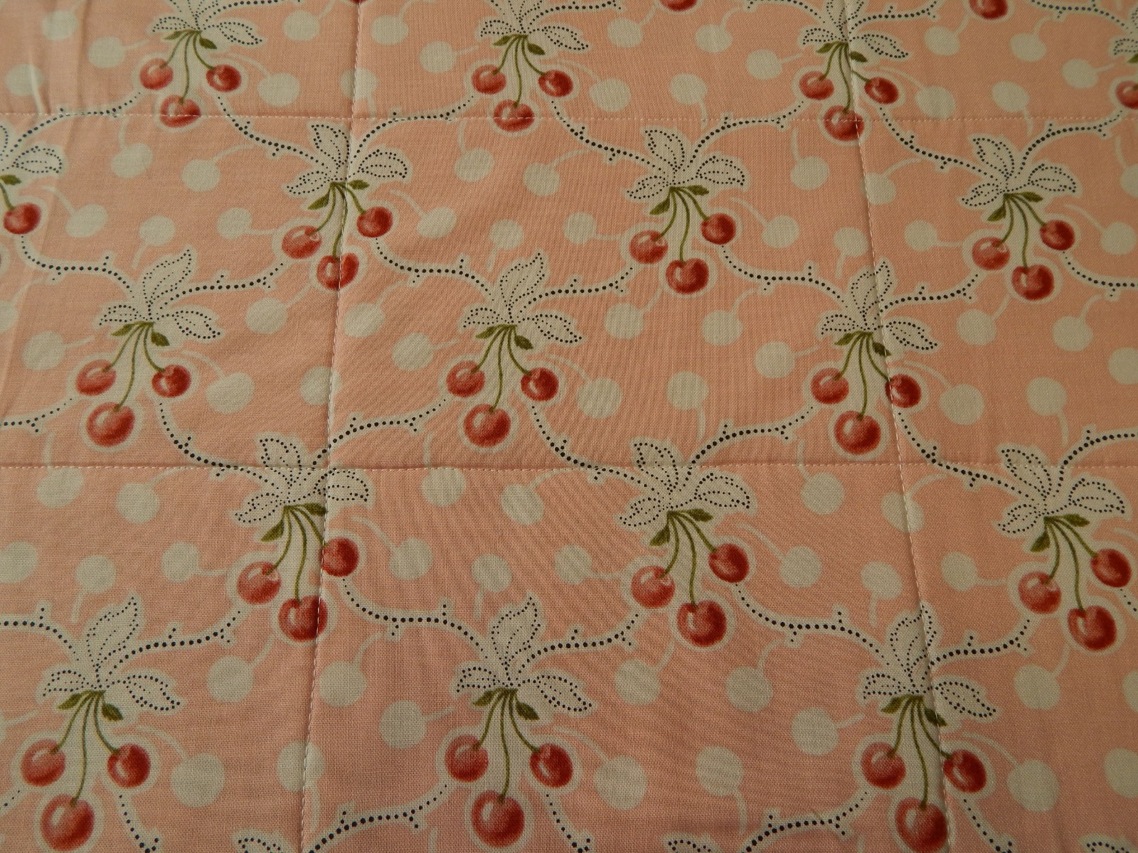 HANDCRAFTED REVERSIBLE QUILTED 42" "PATCHWORK & CHERRIES PRINT" TABLERUNNER gallery