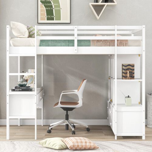 Full Size Loft Bed with Desk & Storage Cabinets Shelves Bookcase Wood Bed Frames gallery