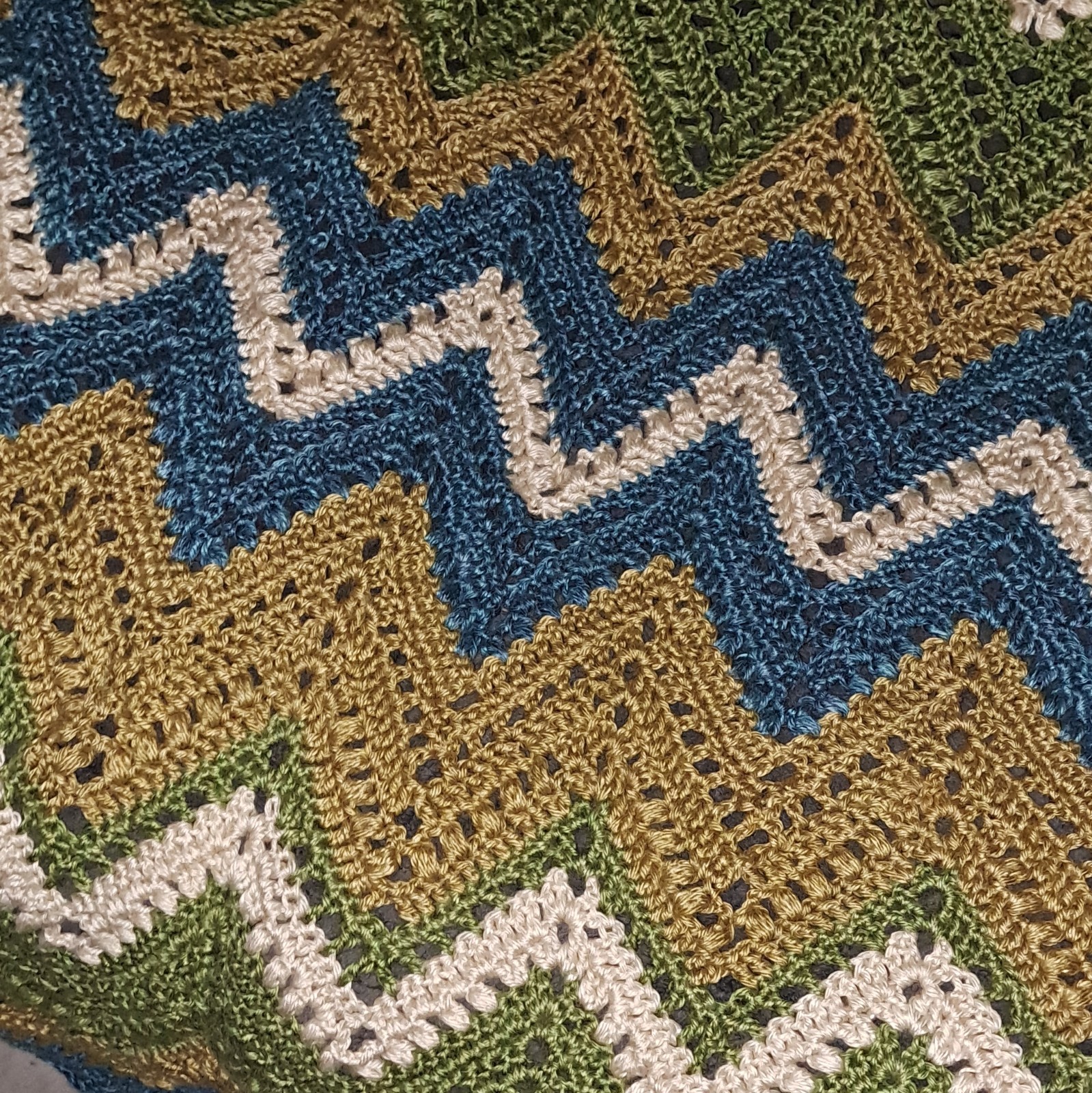 Handmade Chevron Crochet Knit Blanket Throw, Rectangular, Blue Green Beige White gallery