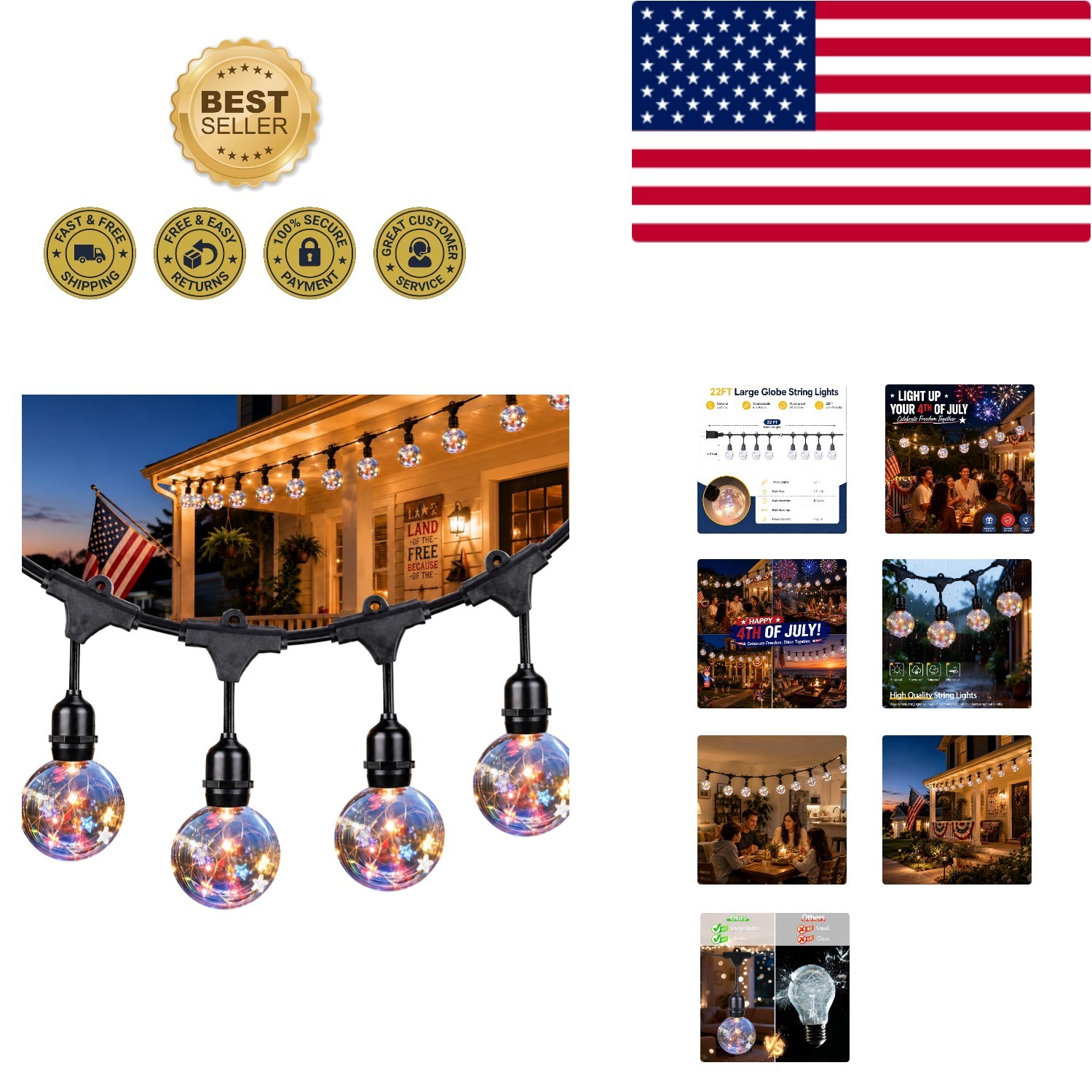 22Ft Patriotic String Lights, Red White Blue Globe String Lights Connectable ... gallery