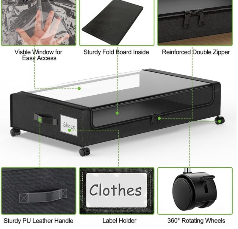 Extra Large Under Bed Storage Box 50L Black PU Leather Wheels Visible Window gallery