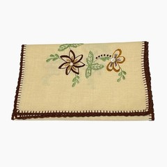 Table Runner Beige Brown Crocheted Edge Green Floral Embroidery Farmhouse 34×13