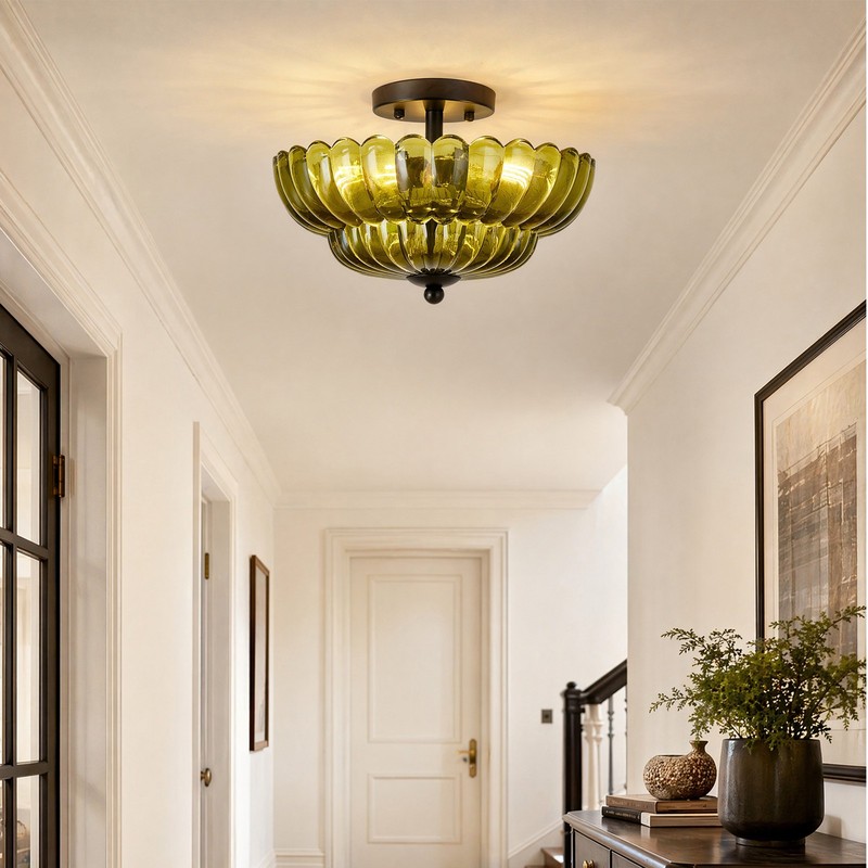 12" Semi Flush Mount Flower Ceiling Light Vintage Green Glass Entryway Fixture gallery