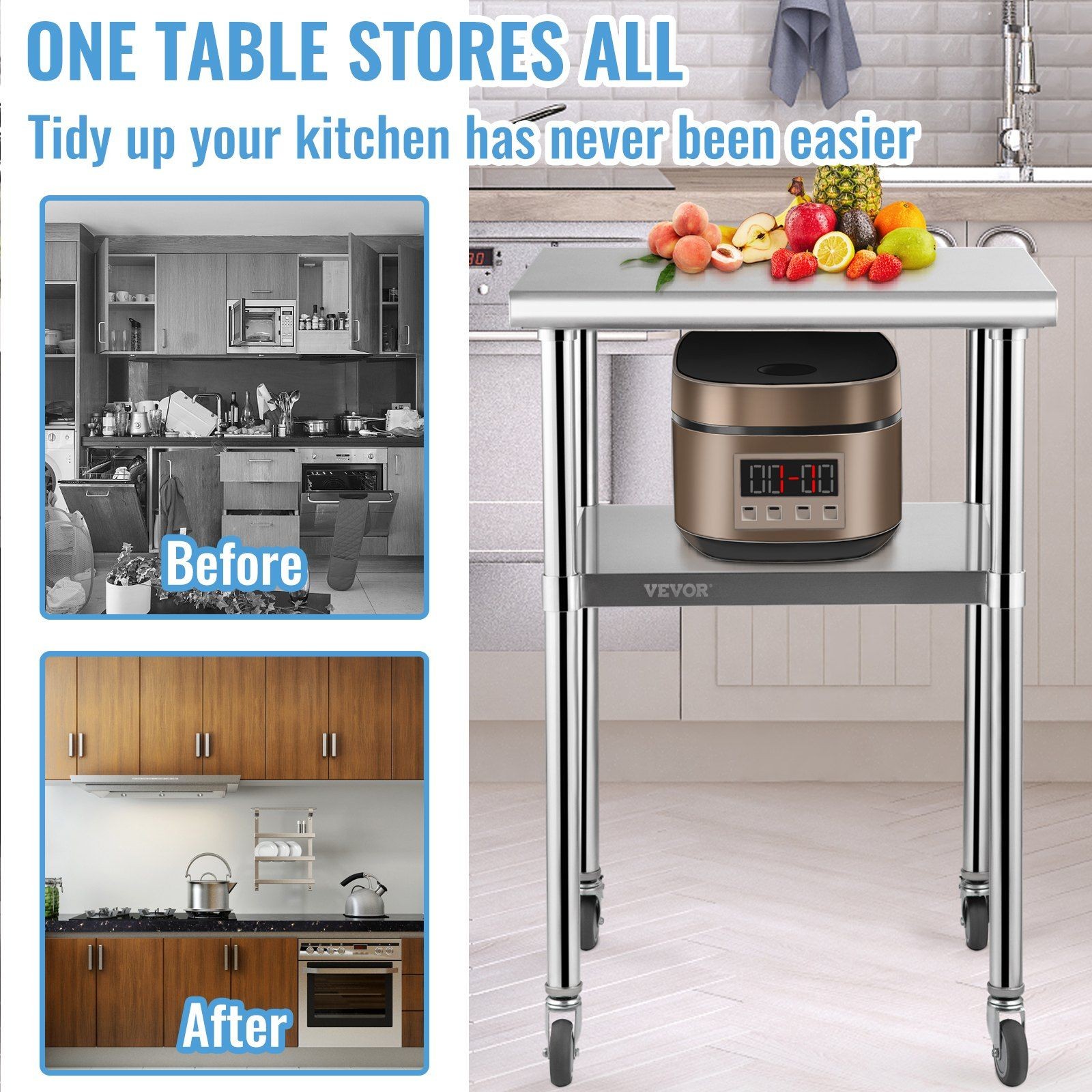 Robust Stainless Steel Prep Cart 24x24x36 inch 600lb Load with Rollers gallery