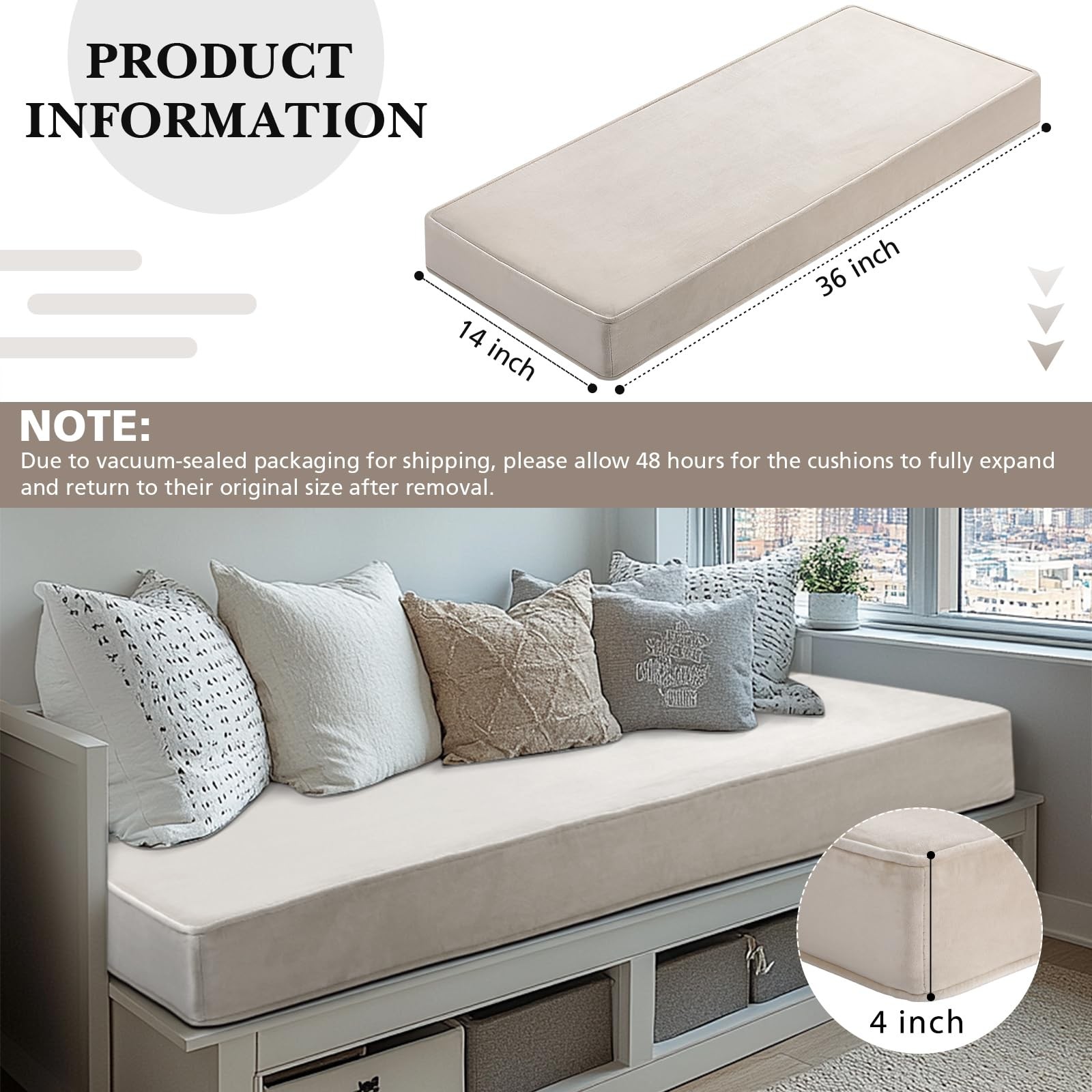 Bench Cushion 36x14x4 Inch Window Seat Indoor Velvet Tufted Memory Foam Beige gallery