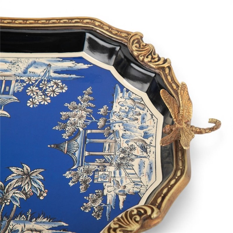 Porcelain Tray With Bronze Ormolu - Azure Pagoda-13.5'' x 3''H gallery