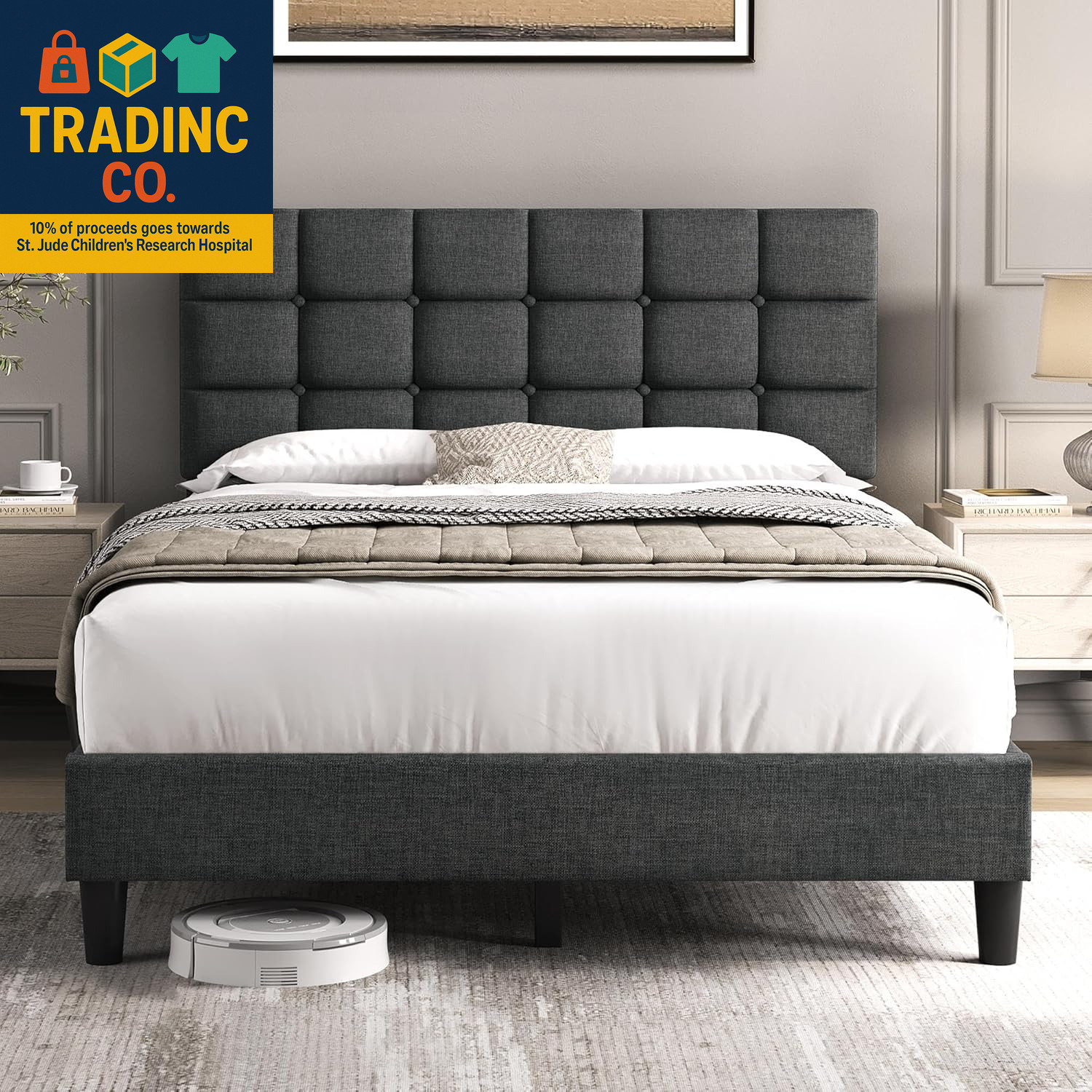 Upholstered Bed Frame, Modern Full Bed Platform with Square Stitched&Button Tuft gallery
