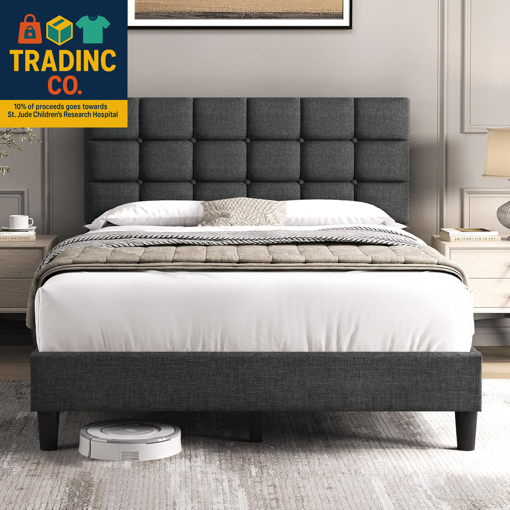 Upholstered Bed Frame, Modern Full Bed Platform with Square Stitched&Button Tuft