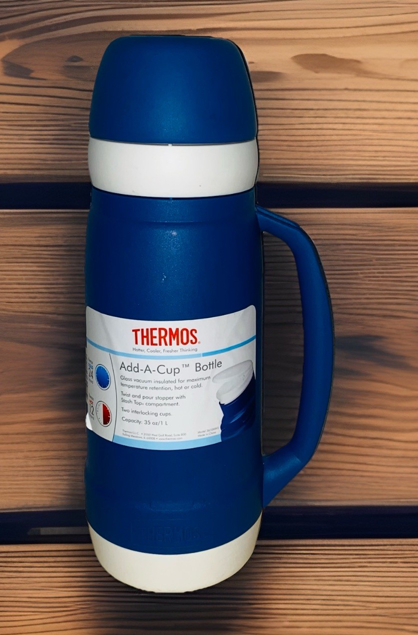 THERMOS 35 Oz Add-A-Cup Insulated Bottle Blue Hot 12 Hrs Cold 24 Hrs NEW gallery