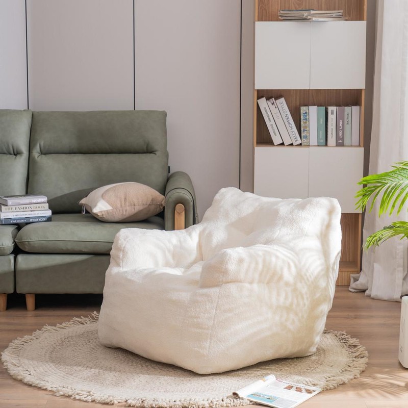 White Soft Tufted Bean Bag Reading Relaxing Sofa Leisure Chair w/ Teddy Fabric gallery