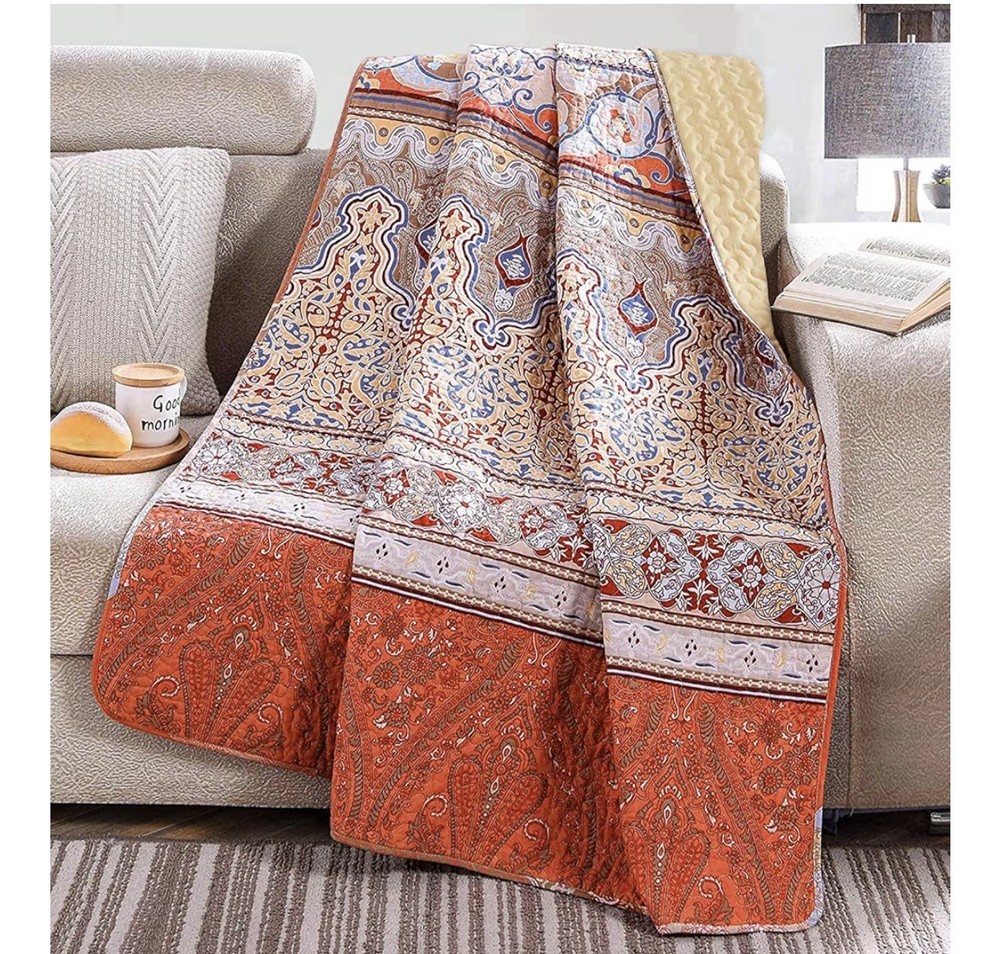 Reversible Quilted Blanket 50x60”Microfiber w/boho striped pattern brick-red