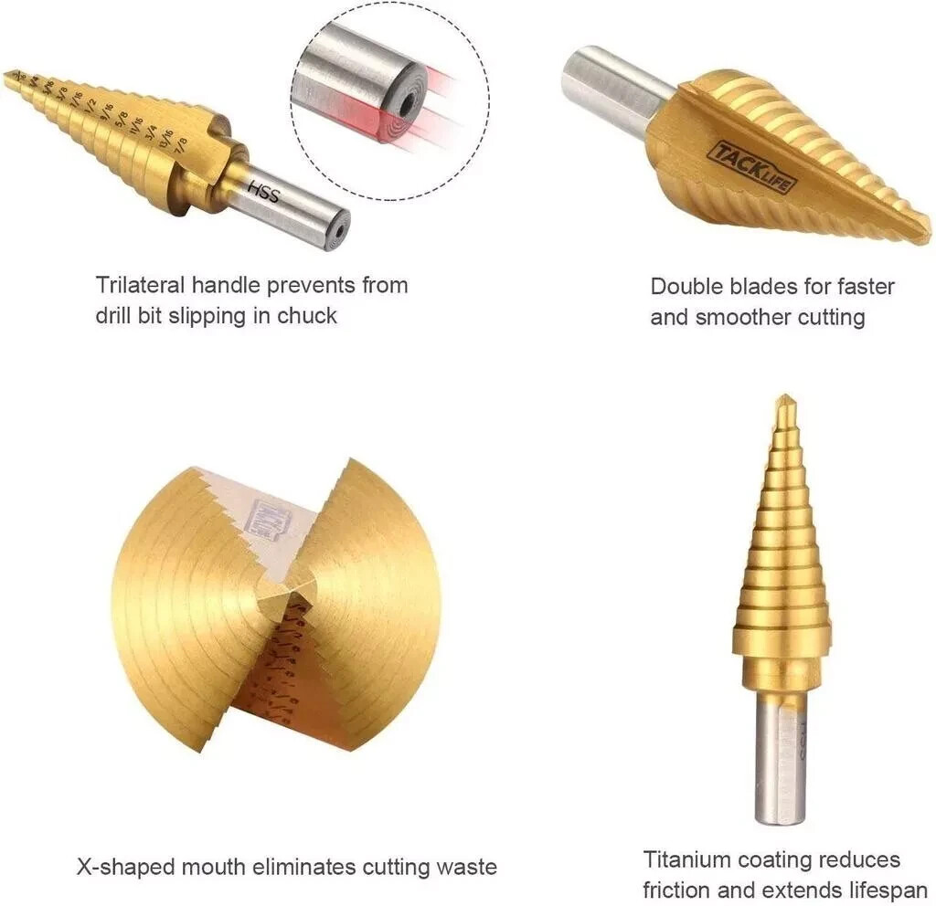 Step Drill Bit - Titanium Coated, Double Cutting Blades, 13 Steps 1/8" to 1/2" gallery