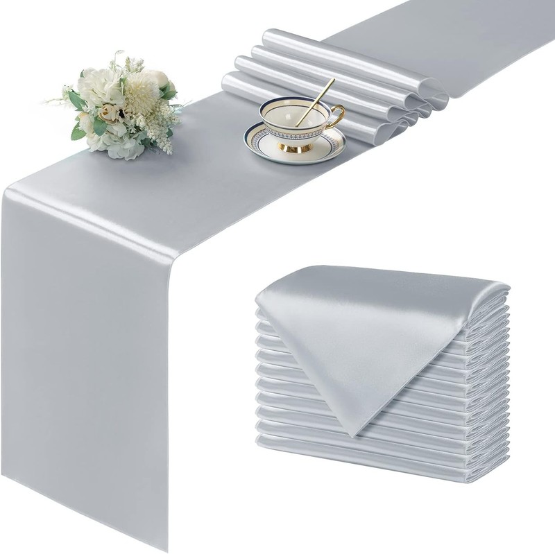 12Pcs Satin Silver Table Runner - 12 x 108 Inch Long Size, Party Table Runner... gallery