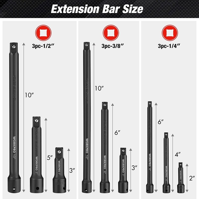 WORKPRO 9 PC Impact Driver Extension Bar Set 1/4"3/8"&1/2"Drive Socket Extension gallery