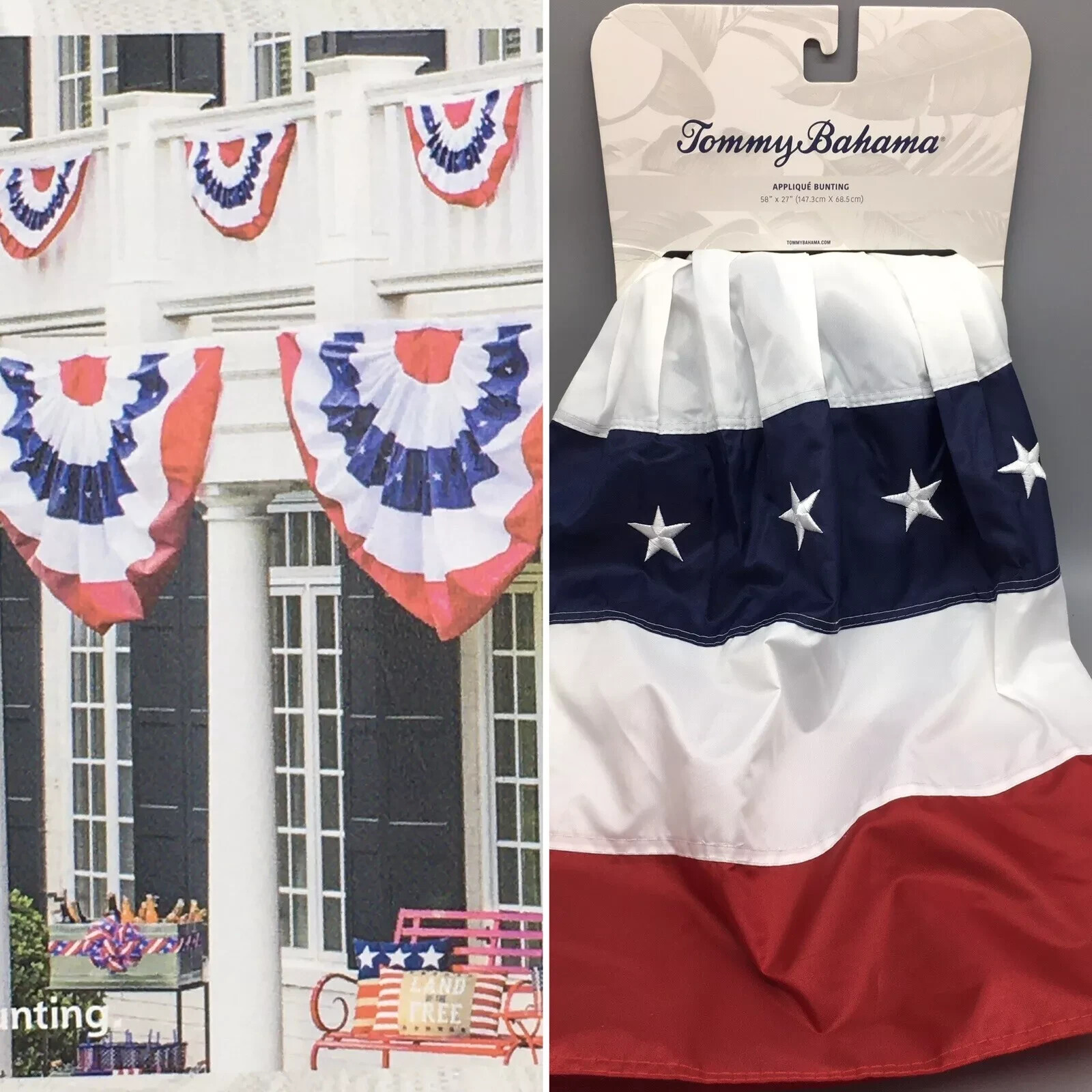 Tommy Bahama Bunting Embroidered Handcrafted American Flag 4th of July USA 58x27 gallery