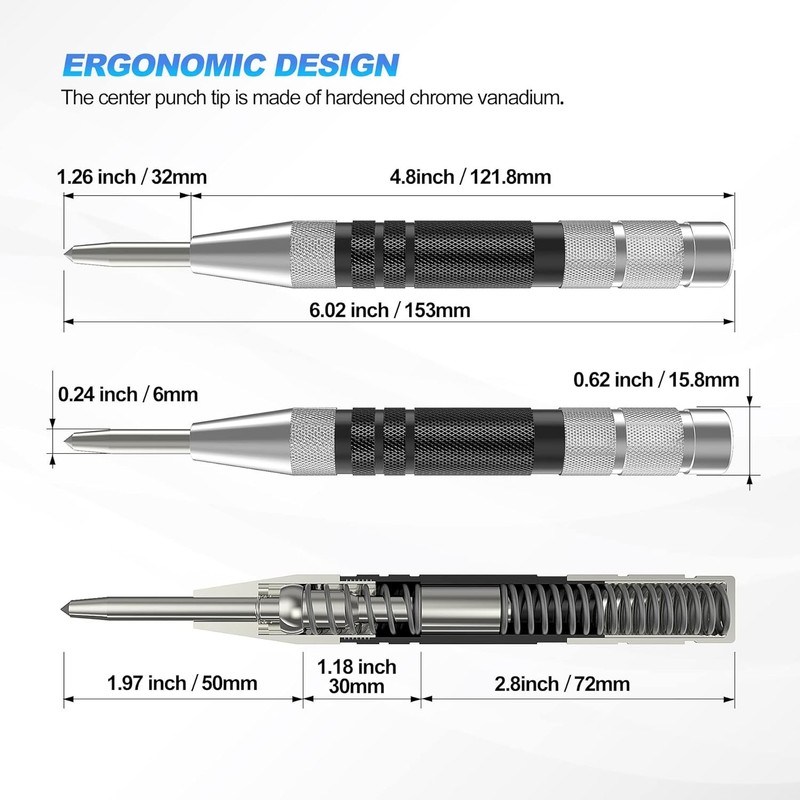 2× Super Strong Automatic Centre Punch Adjustable Spring Loaded Metal Drill TooL gallery