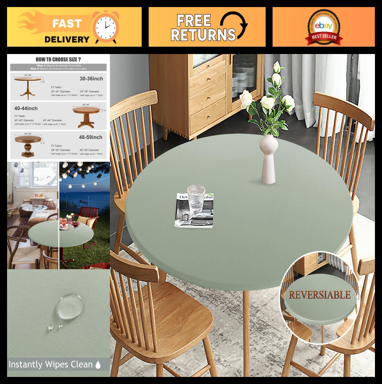 Reversible Waterproof Round Tablecloth - Elastic Stretch, Stain Resistant, 40"-4 gallery