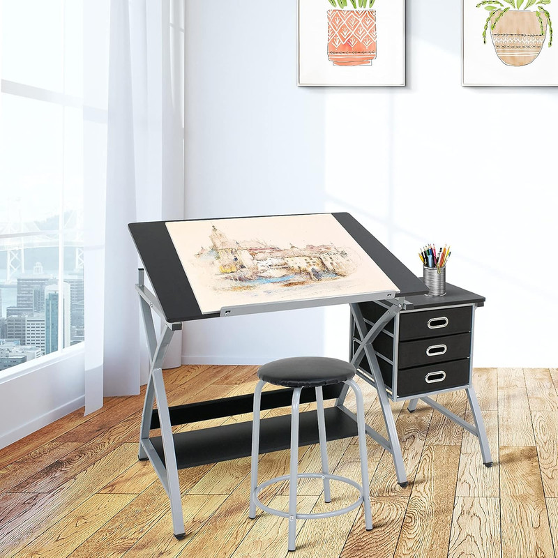 ZENY Drafting Table and Stool, Tilted Draft Table Desk W/Drawers, Artist Drawing gallery