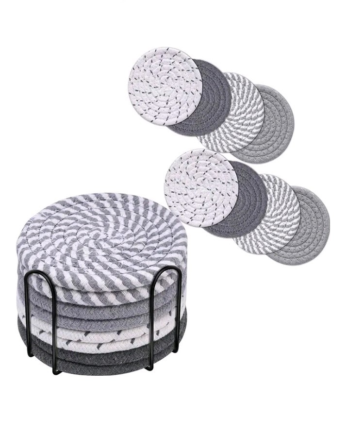 Drink Coaster Set 8 Piece With Holder Round Woven Cotton Black Grey White gallery