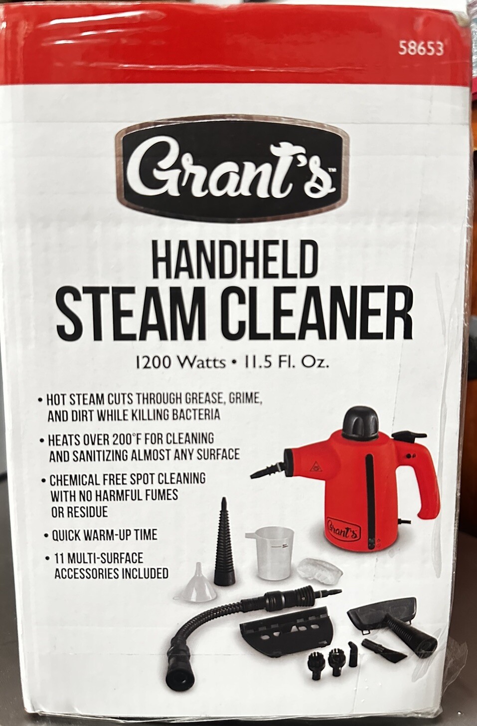 GRANT'S Handheld Steam Cleaner 1200 Watts 11.5 Fl. Oz. 9 ft Power Cord, Red gallery