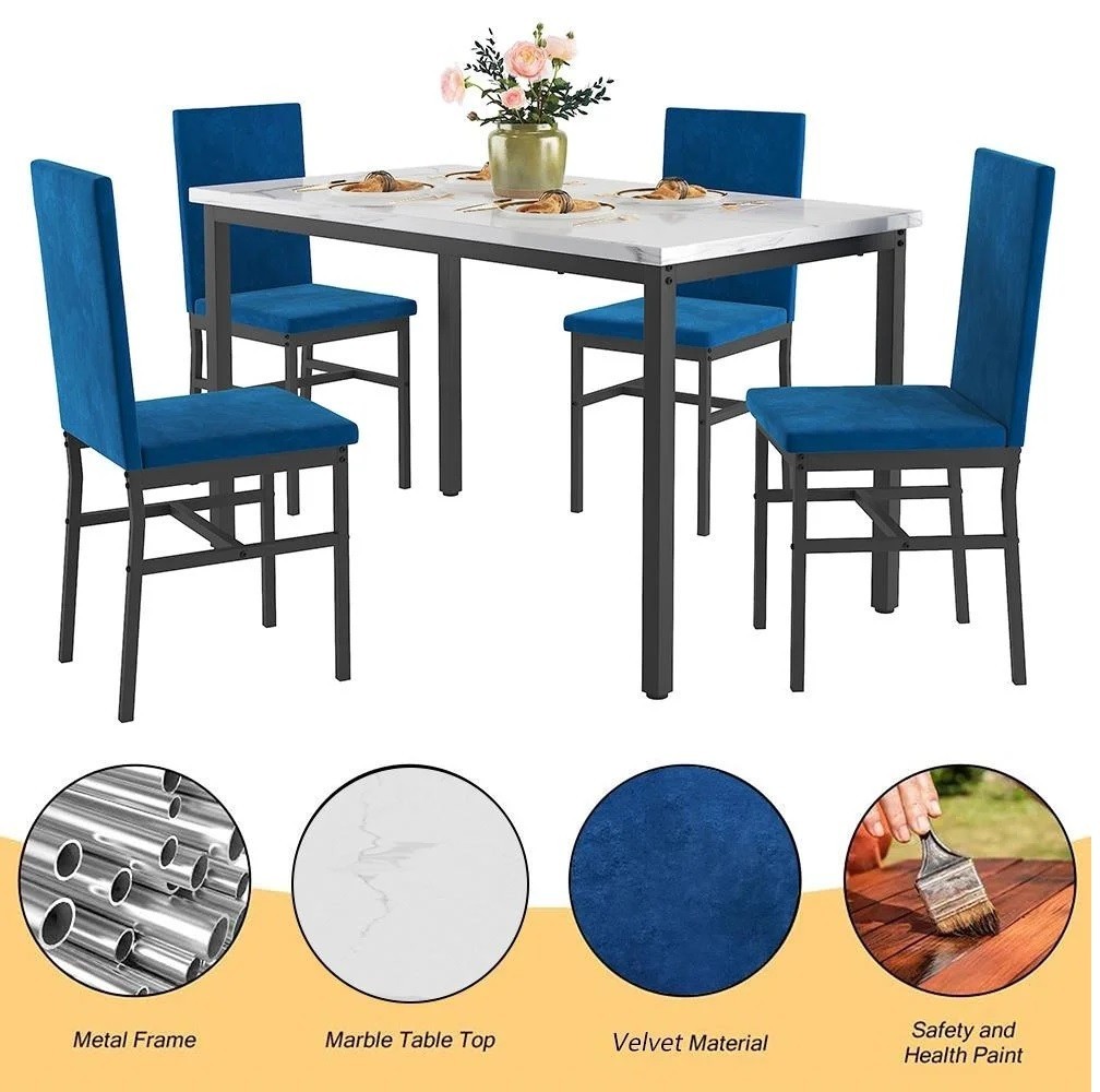 5 Pc Blue Dining Set Metal Kitchen Furniture Table 4 Chairs Steel Faux Marble gallery