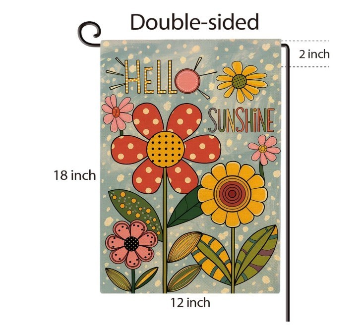 Whimsy Floral Polka Dot Hello Sunshine Burlap Garden Flag Double Sided 12"x 18" gallery