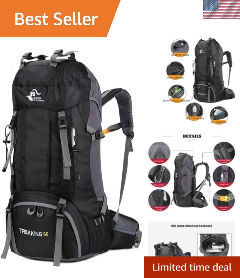 Durable 60L Camping Backpack - Water-Resistant with Multiple Utility Pockets