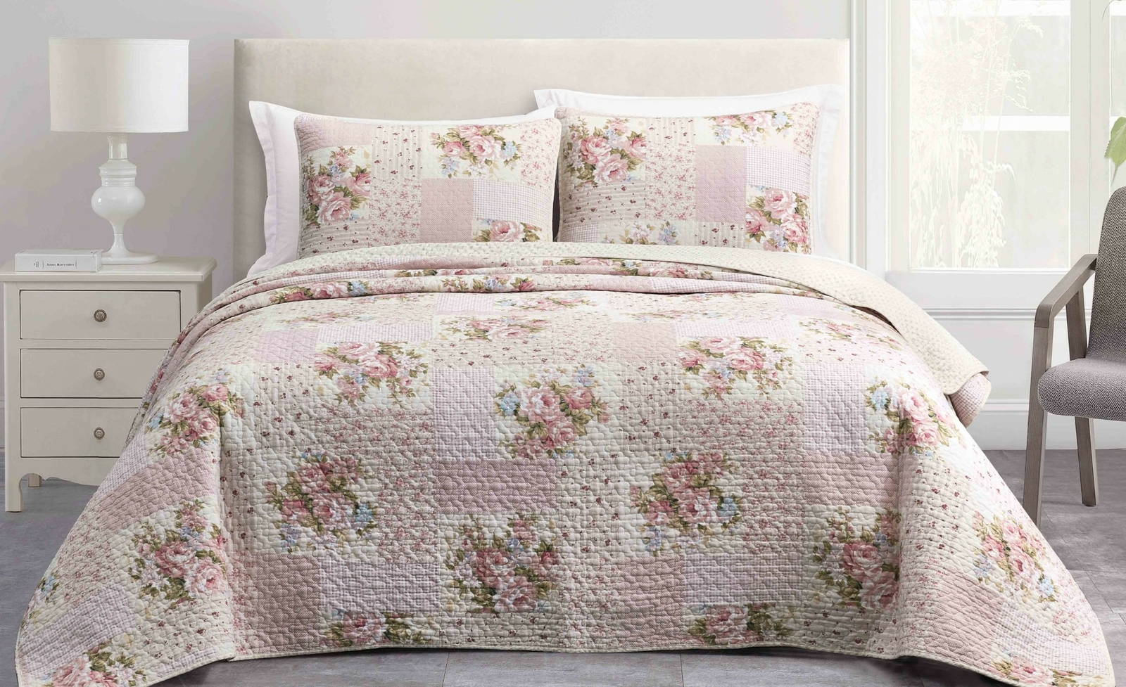 Pre-Washed Cotton Quilt Set - Rosy Pink Chic Floral Bedding Coverlet Set gallery