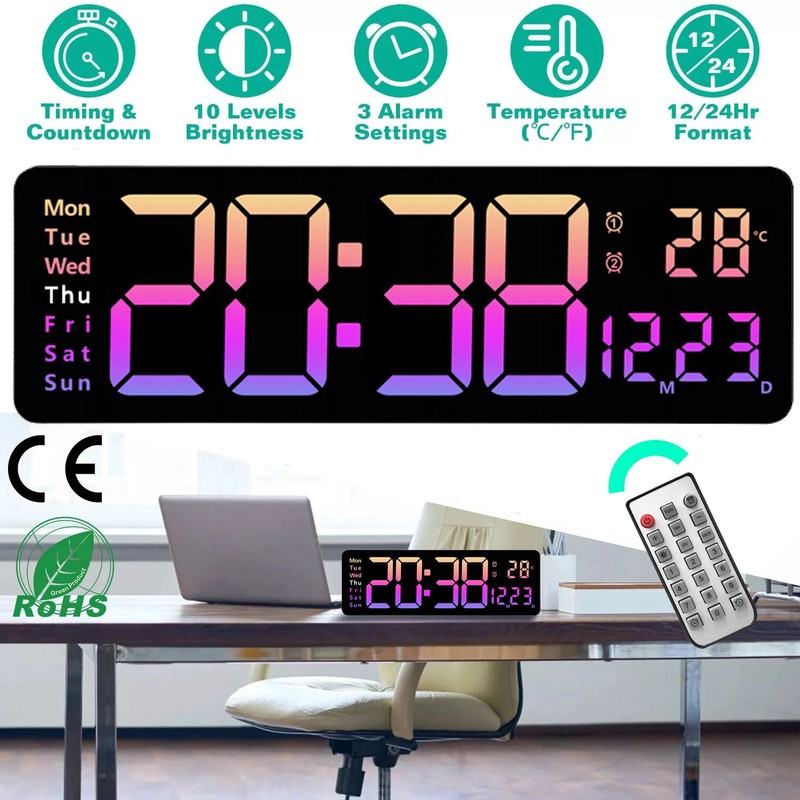 16"Large LED Screen Dispaly Digital Wall Clock W/Remote Control Temperature Date gallery