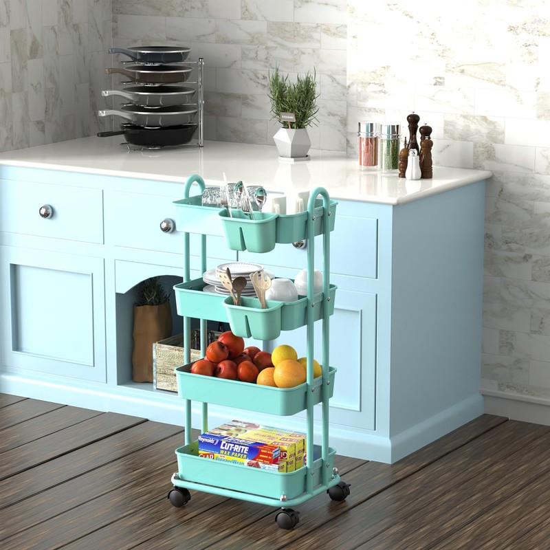 4-Tier Multifunctional Rolling Utility Cart with Hanging Buckets, Turquoise gallery