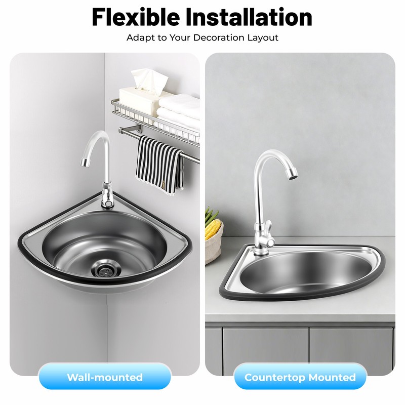 Single Triangle Wash Basin, Corner Sink Small Bar Sink Stainless Steel w/ Faucet gallery