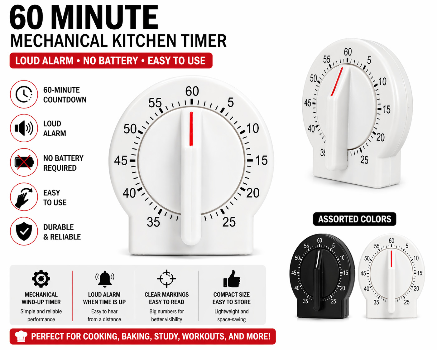 2 Pack Kitchen Timer 60 Min Loud Alarm Mechanical No Battery Easy Use gallery