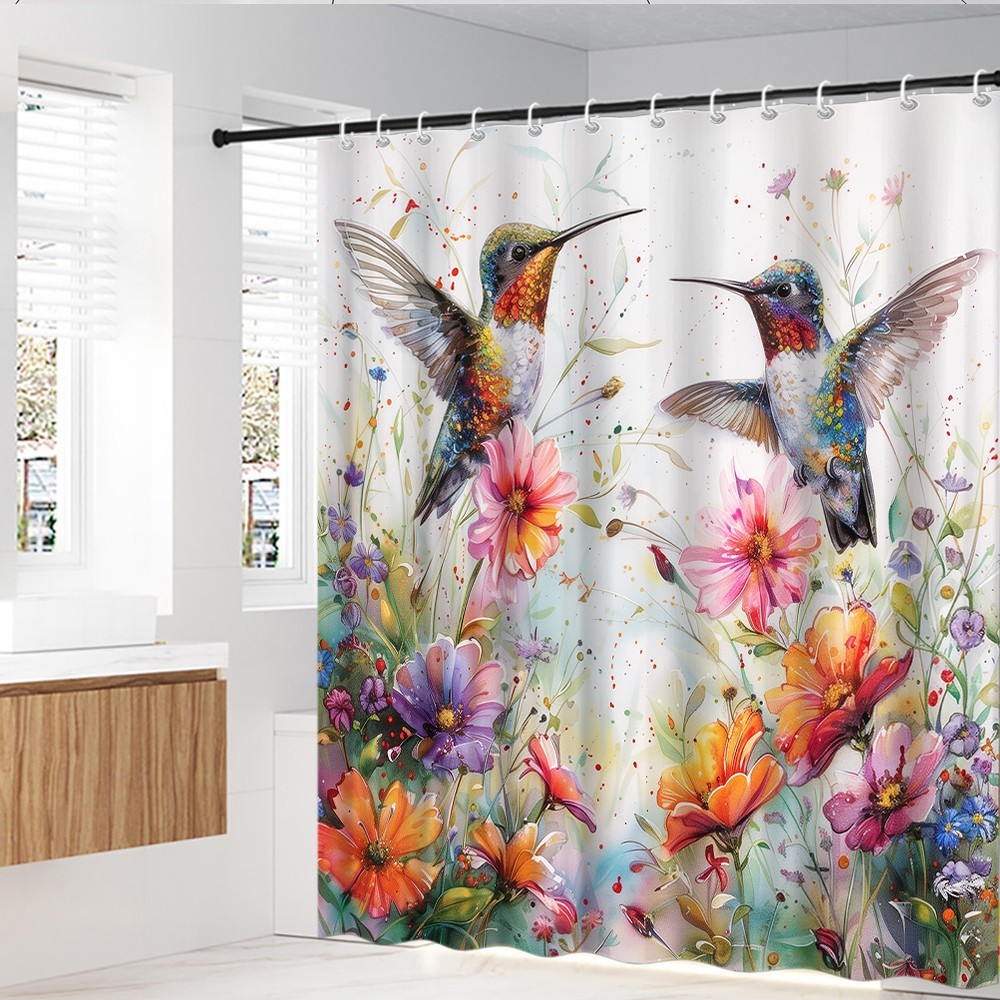 Hummingbird Shower Curtain Colorful Birds and Flowers Floral Nature Bathroom gallery