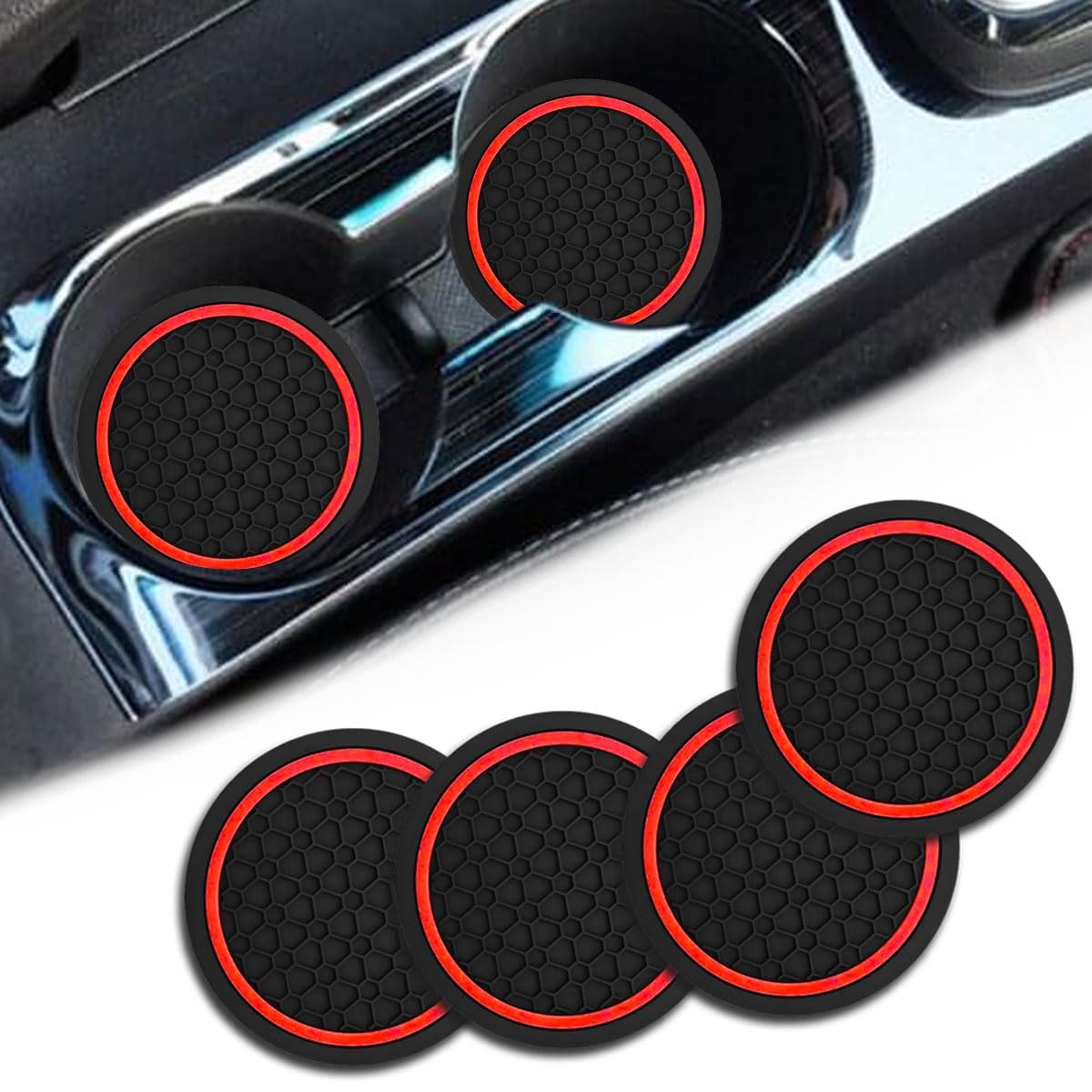 4PCS Car Cup Holder Coasters, Dustproof Automotive Interior Black/Red gallery