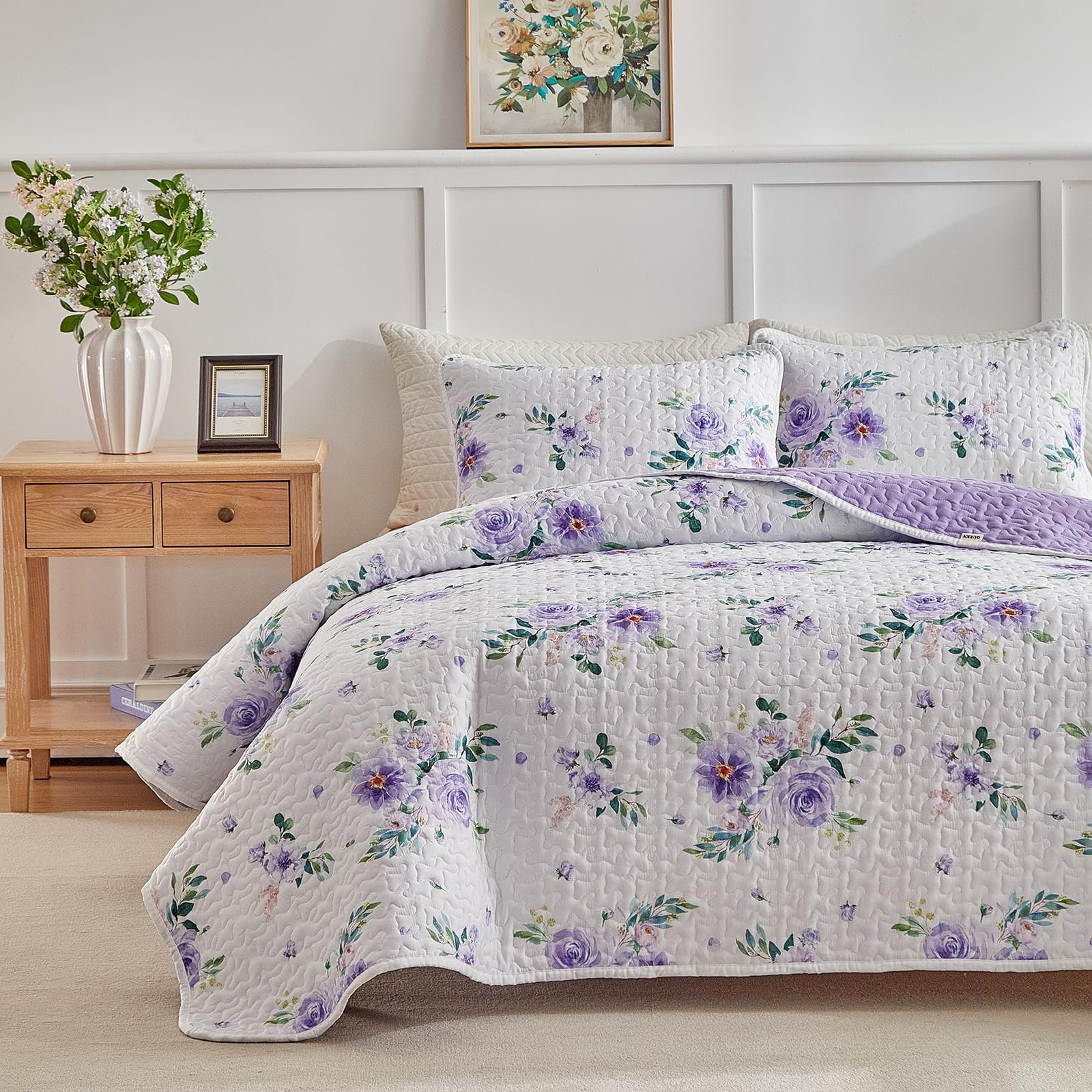 Uozzi Bedding Floral Quilt Set 3 Pieces King Size White Purple Flower Green gallery