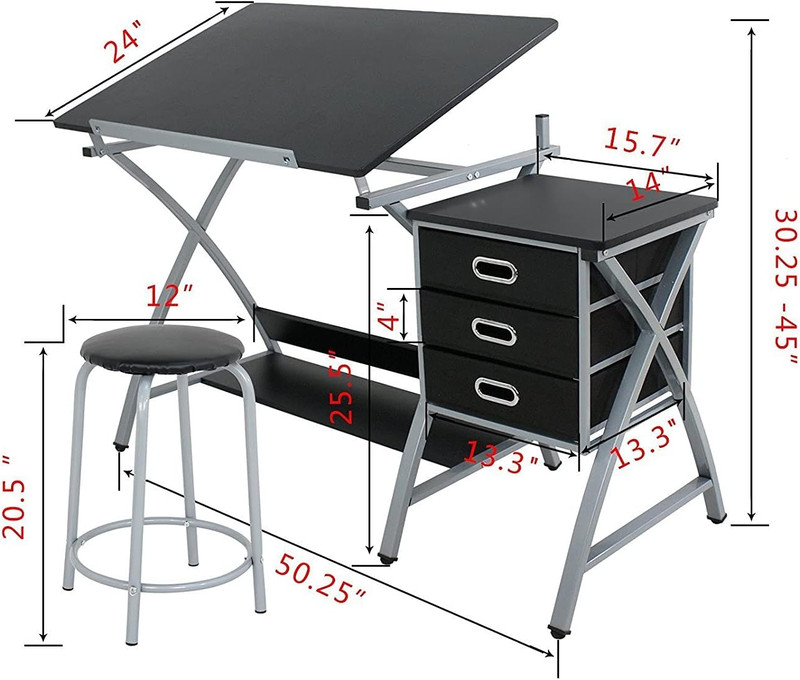 ZENY Drafting Table and Stool, Tilted Draft Table Desk W/Drawers, Artist Drawing gallery