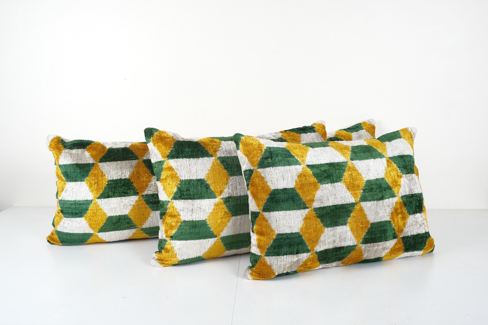 Handmade Quadrilateral Ikat Velvet Bedding Pillow, Set of Three Yellow Woven gallery